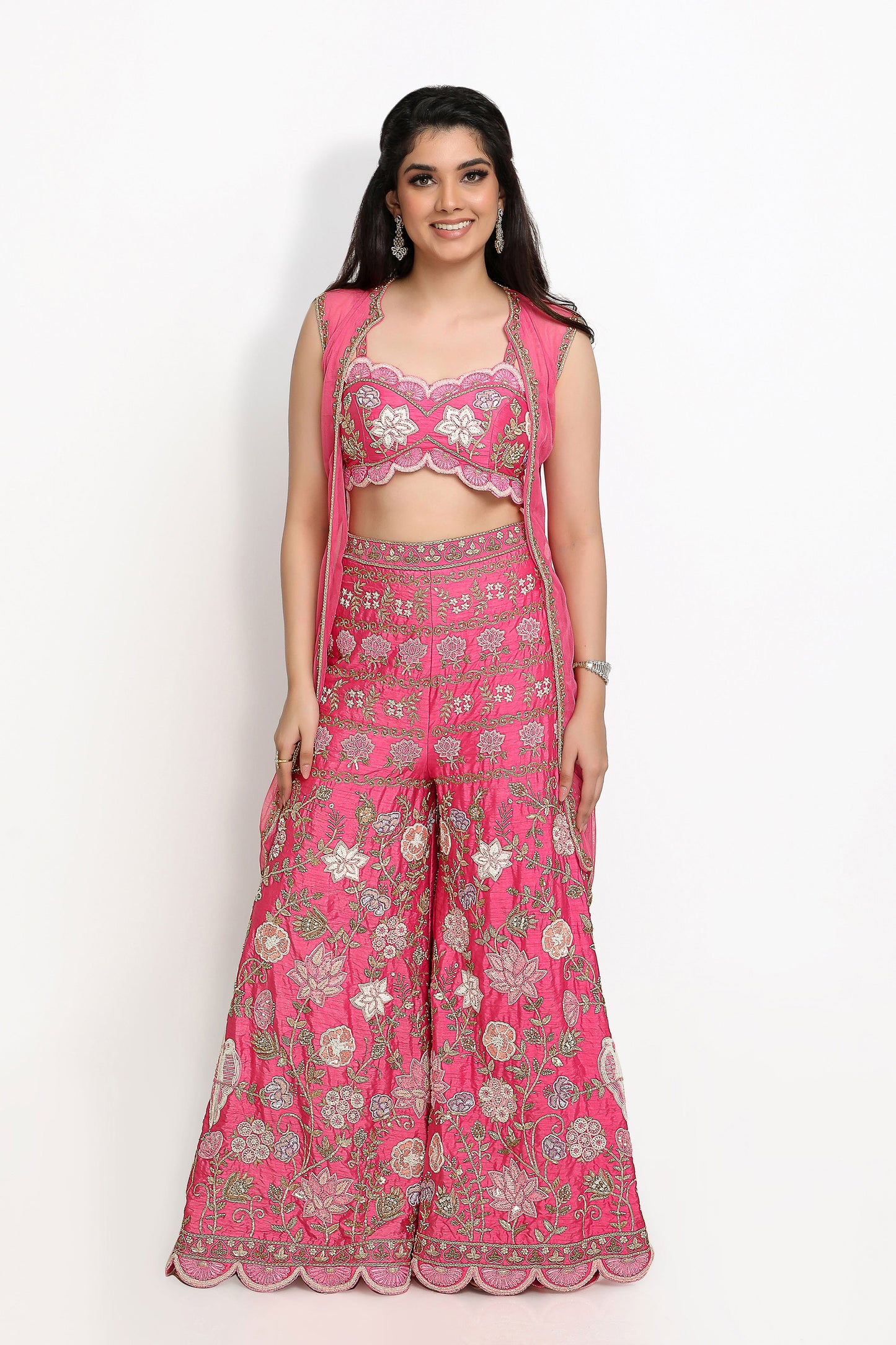 Lovebirds Crop Top Palazzo with Jacket Set- Pink