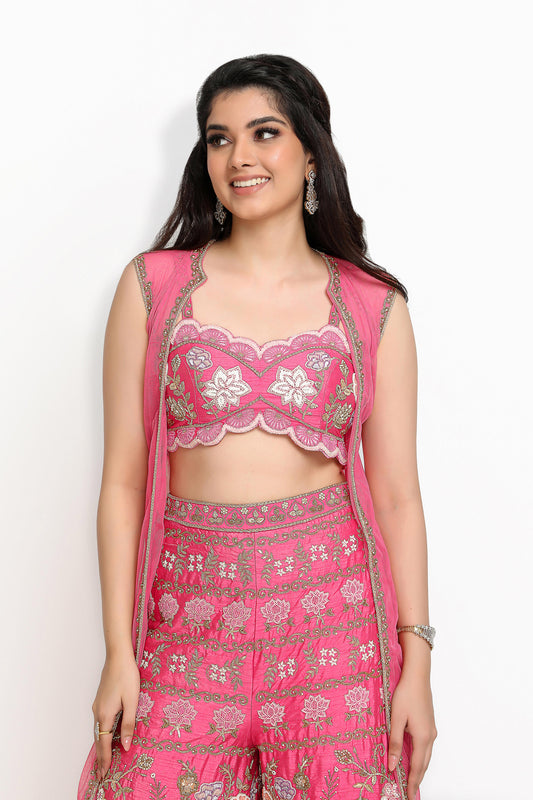 Lovebirds Crop Top Palazzo with Jacket Set- Pink