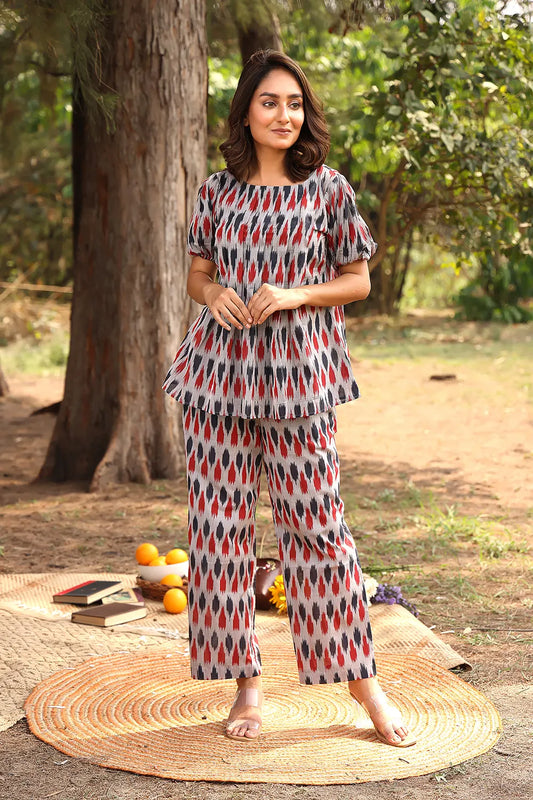 Red & Blue Pure Cotton Ikkat Co-ord Set