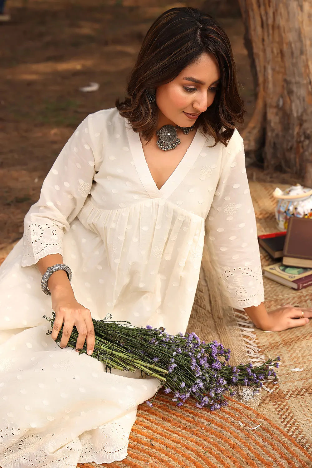 Cream Dobby Pure Cotton Flared Kurta Set