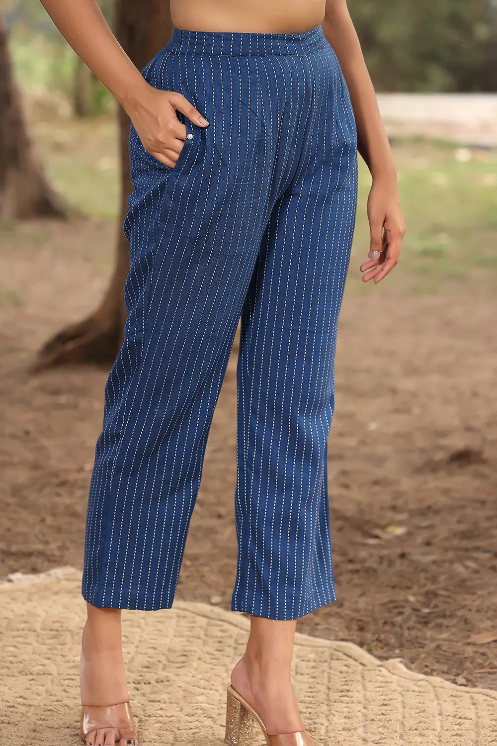 Blue Pure Cotton Kurta with Stripes Pant Co-Ord Set