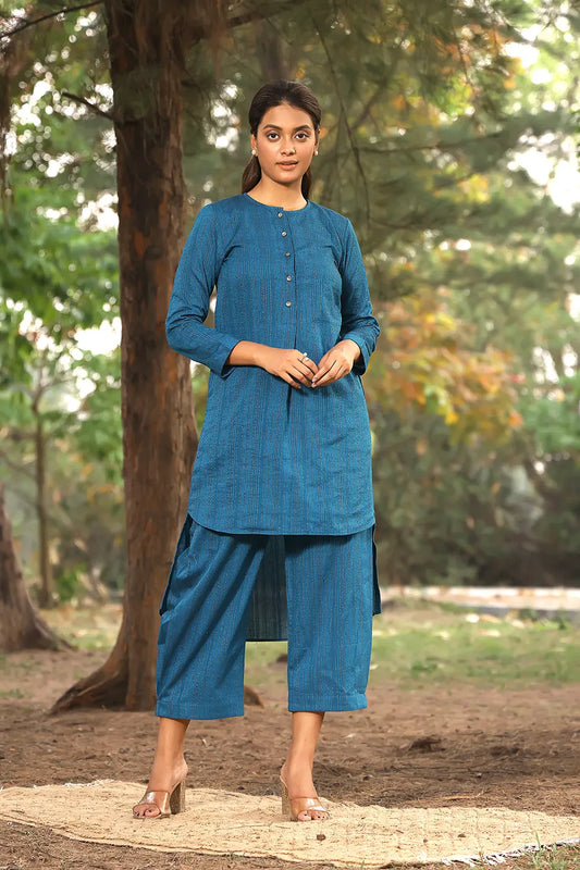 Blue Pure Cotton Co-ord Set With Silver Zari Stripes