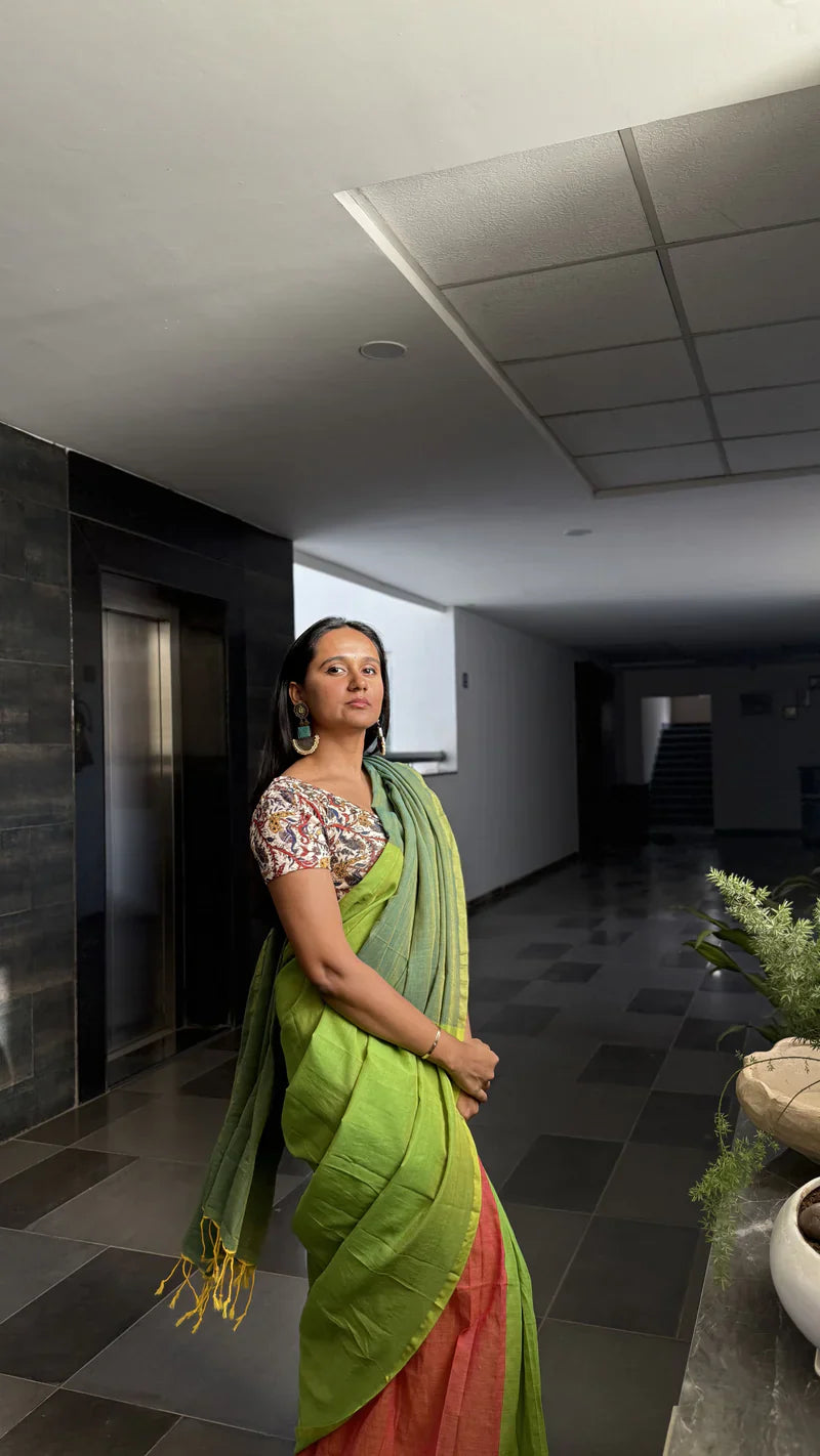 Aanchal - Saree (Unstitched) in Forest hues in Khadi fabric