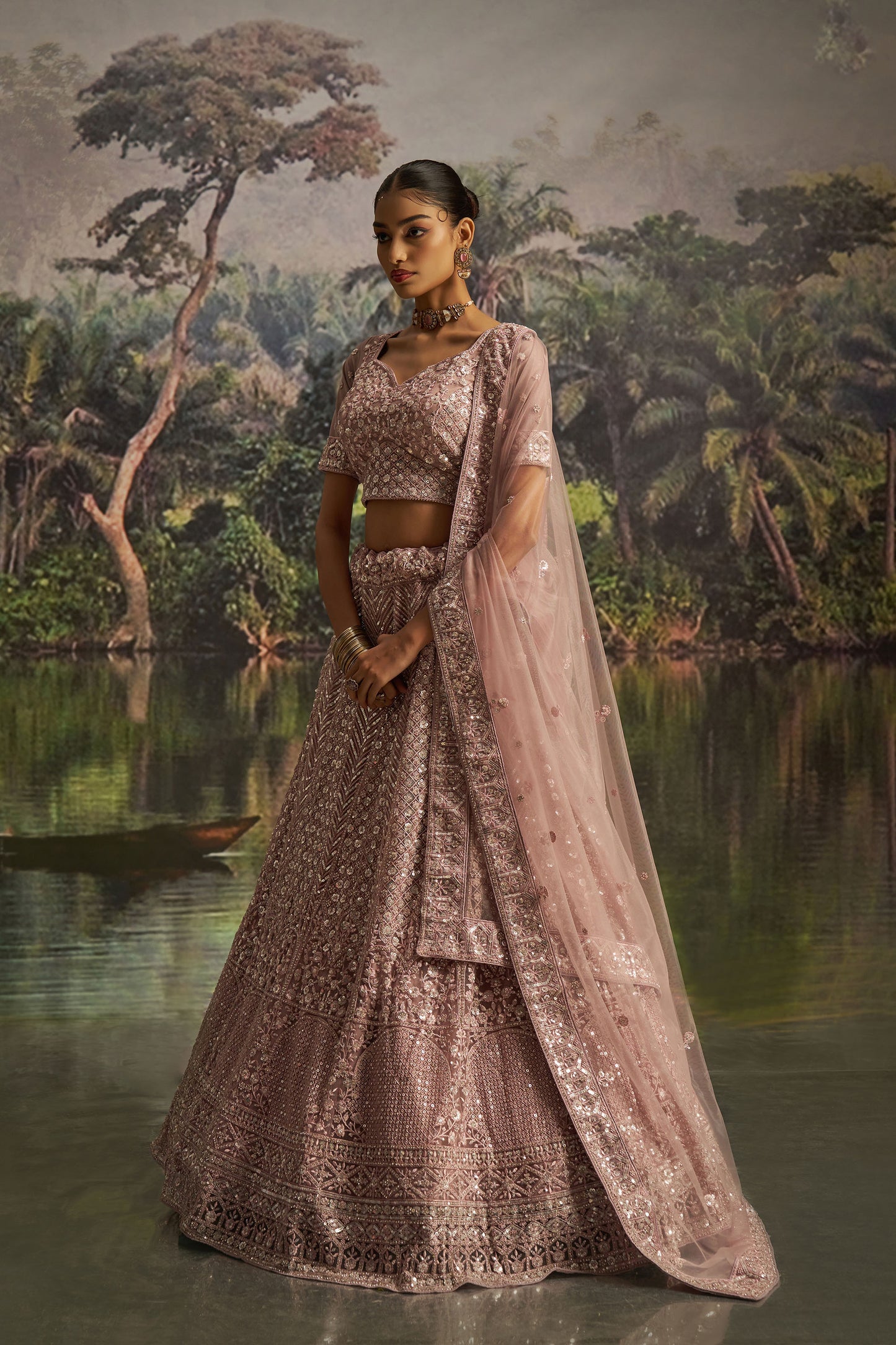 Mauve Soft Net Zarkan & Sequins Embroidered Bridesmaid Lehenga