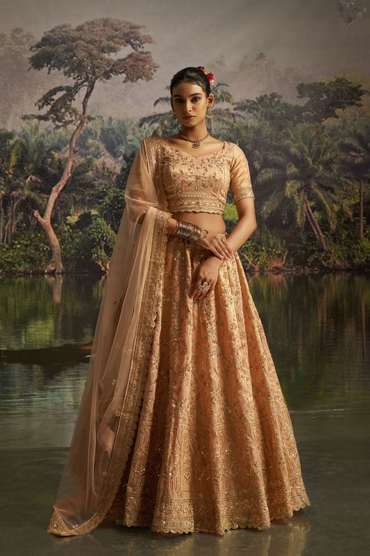 Peach Gota Silk Dori, Zarkan & Sequins Embroidered Wedding Lehenga