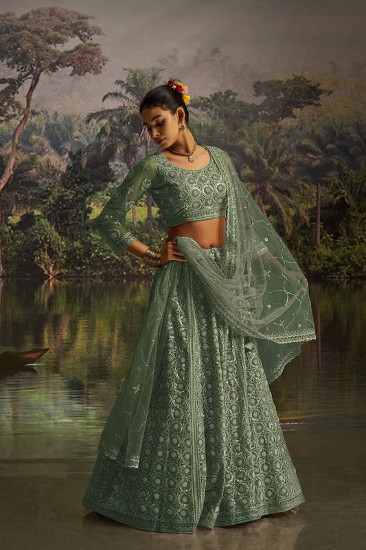 Green Soft Net Zarkan & Sequins Embroidered Wedding Lehenga
