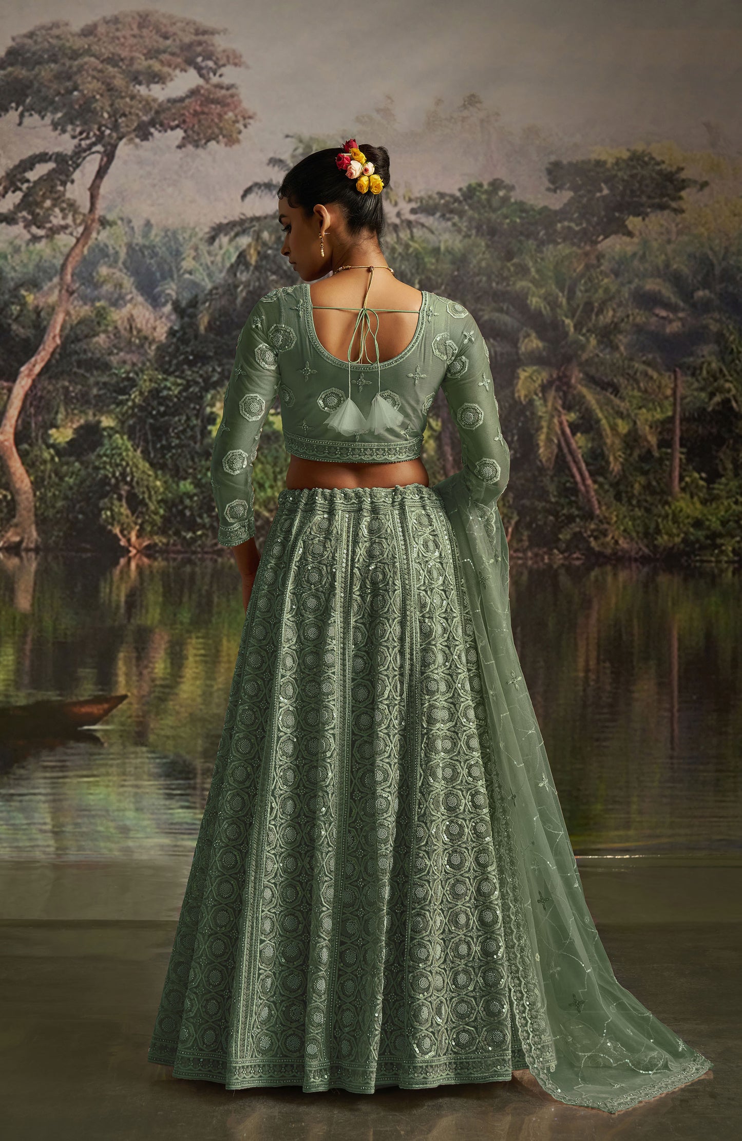Green Soft Net Zarkan & Sequins Embroidered Wedding Lehenga