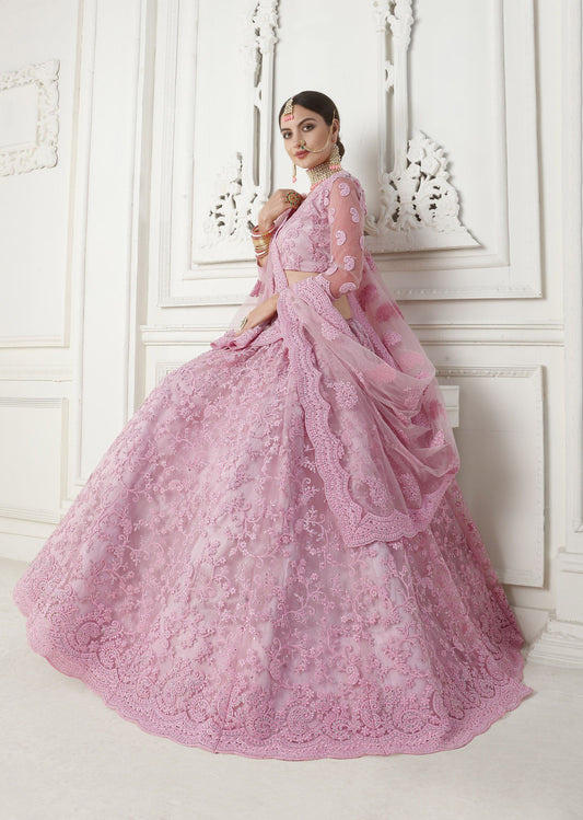 Pink Cording Embroidery Net Bridesmaid Lehenga