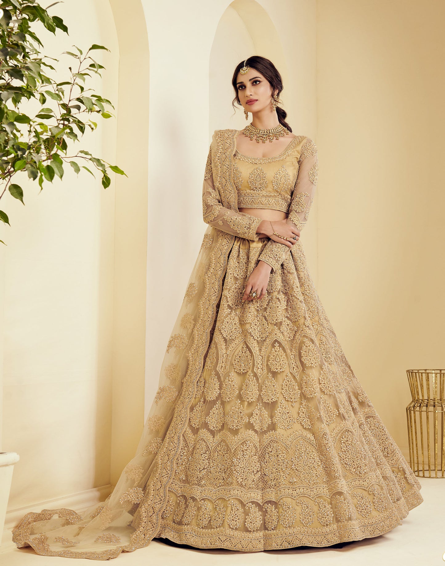 Gold Heavy Cording & Cut Work Embroidered Net Engagement Lehenga