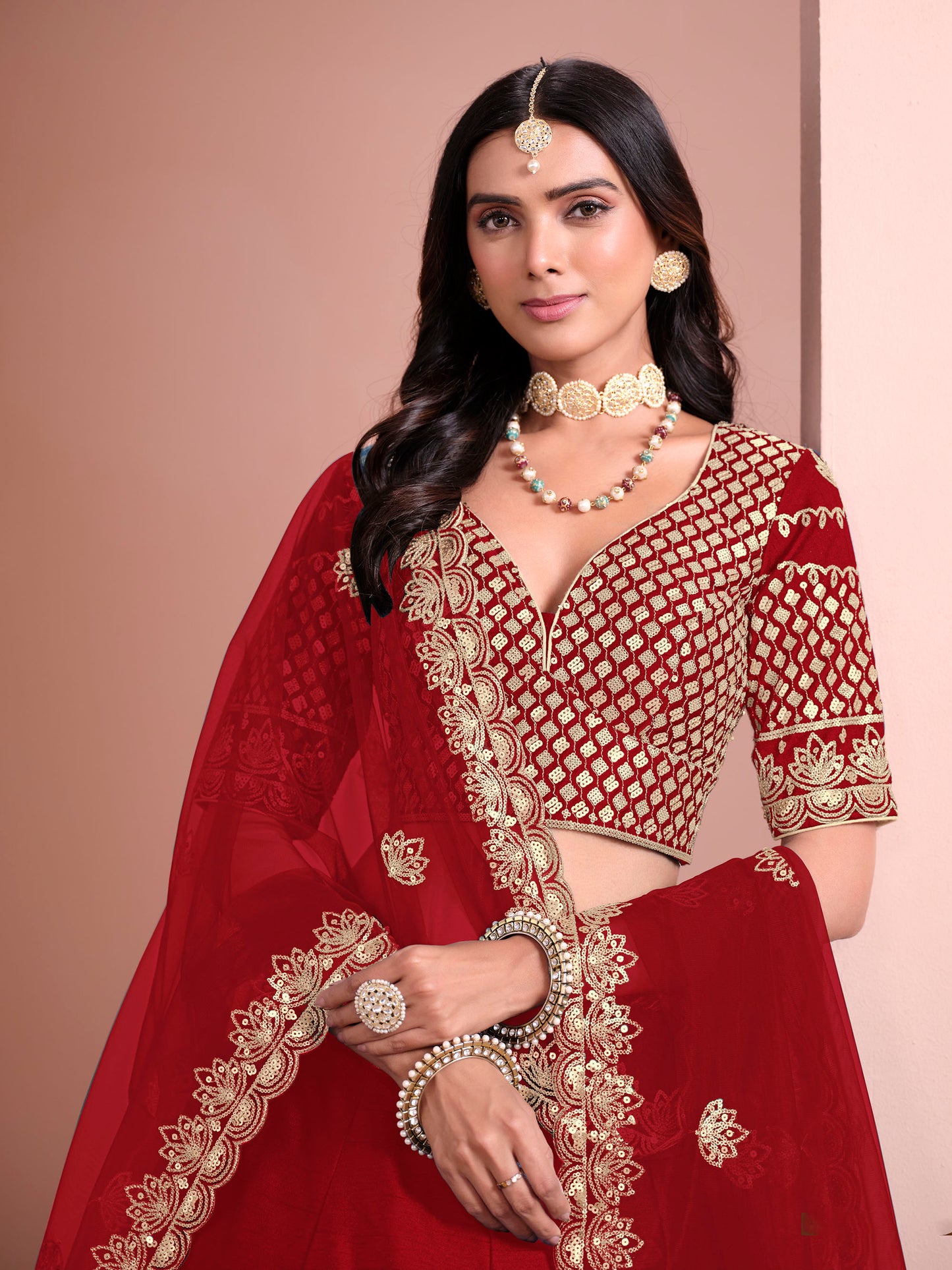 Red Sequins Embroidered Art Silk Bridesmaid Lehenga