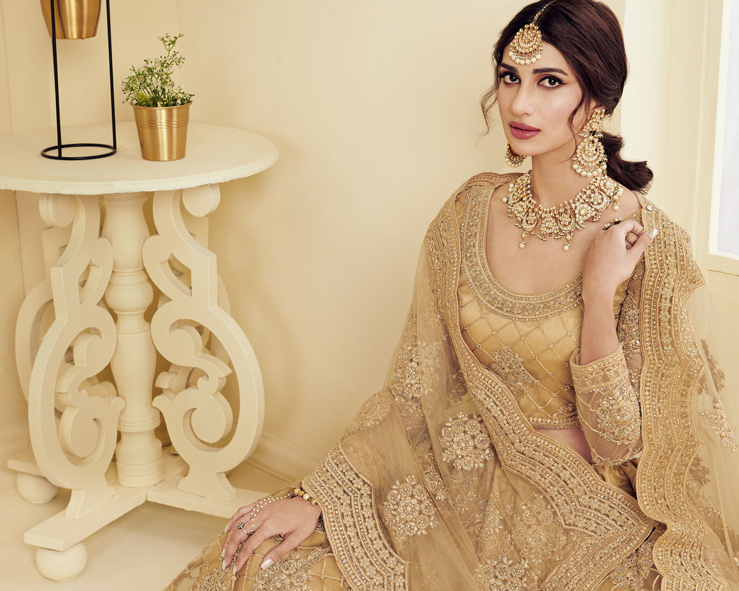 Gold Heavy Cording, Sequins & Cut Work Embroidered Net Bridesmaid Lehenga