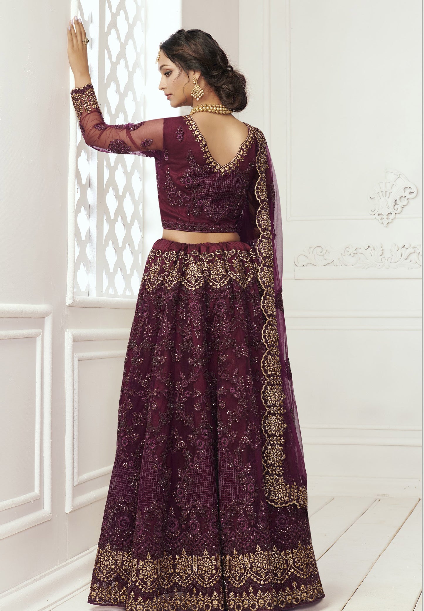Wine Heavy Embroidery with Pearls Net Bridesmaid Lehenga