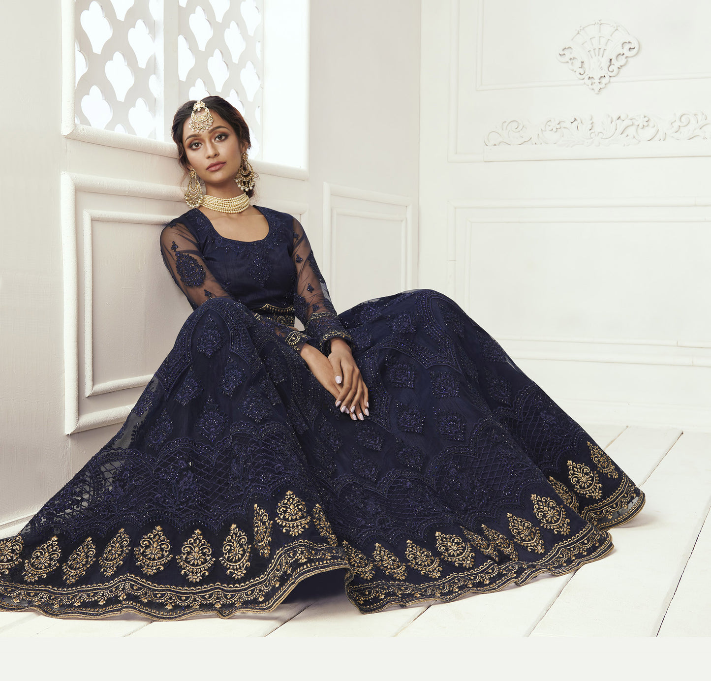 Navy Blue Heavy Thread Embroidery with Pearls Net Bridesmaid Lehenga