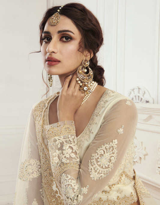 White Heavy Thread Embroidery Net Bridesmaid Lehenga