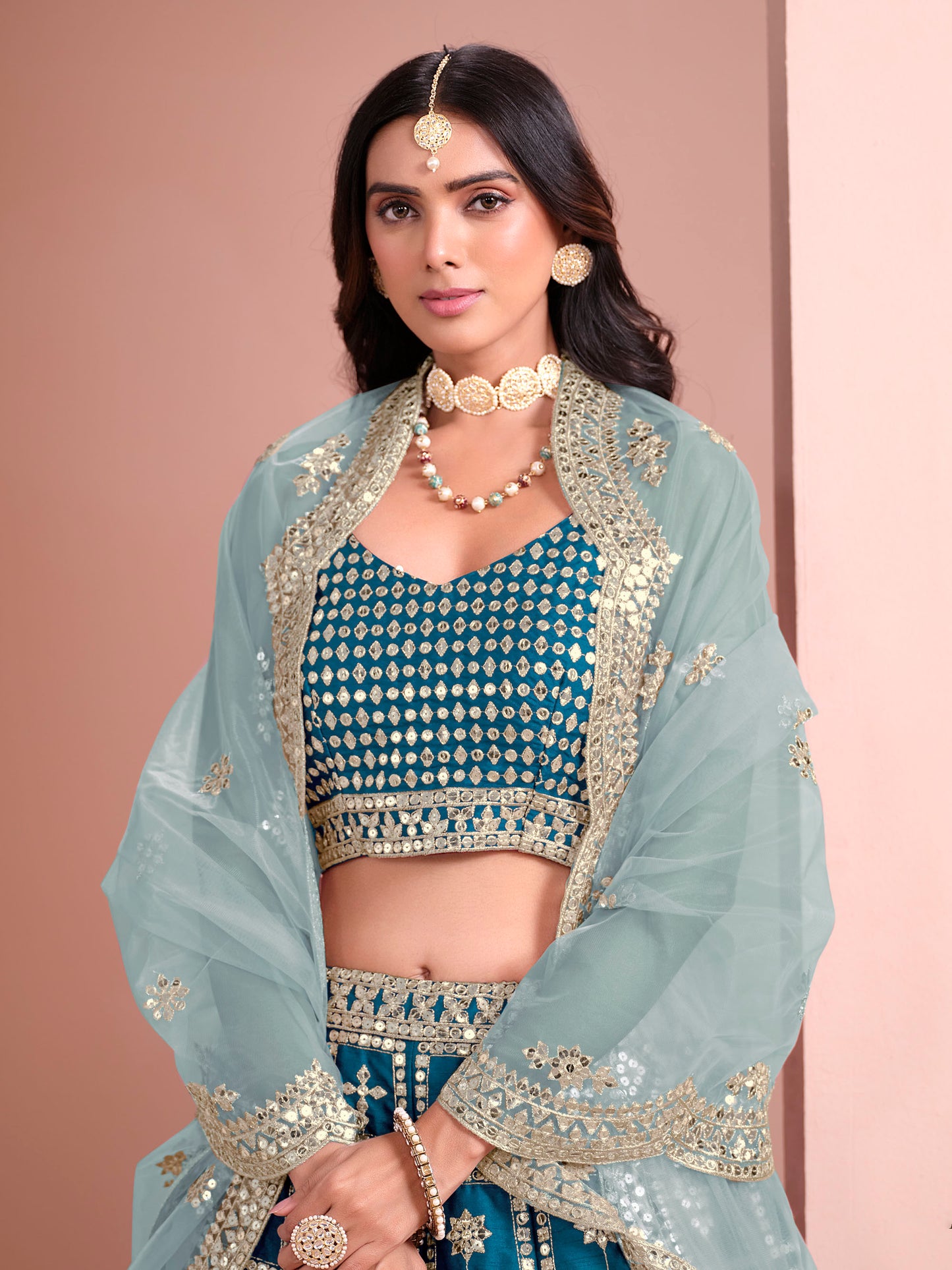 Blue Art Silk Sequins Embroidered Wedding Guest Lehenga