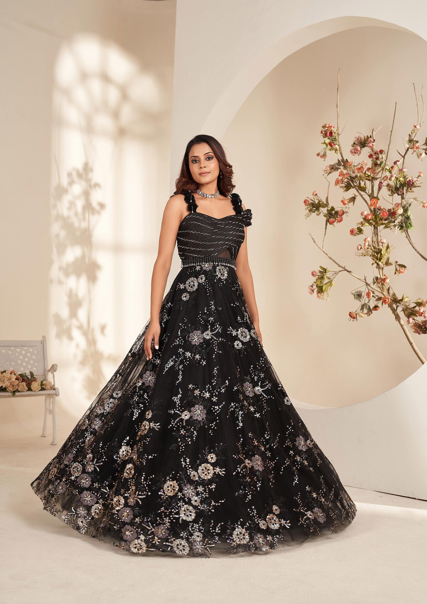 Black Floral Sequins Embroidery Net Party Wear Lehenga