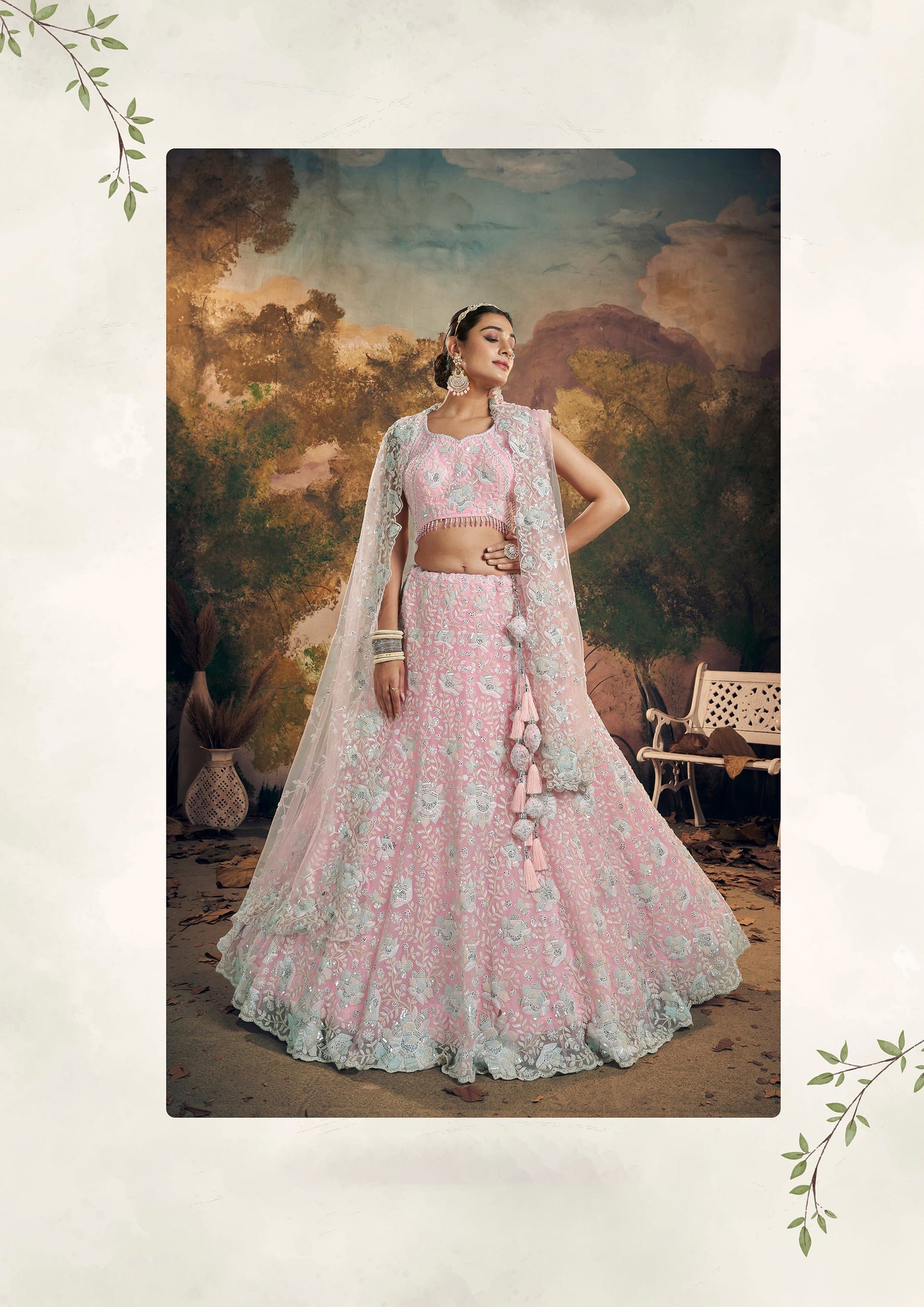 Pink Floral Embroidery and Beads Work Georgette Lehenga