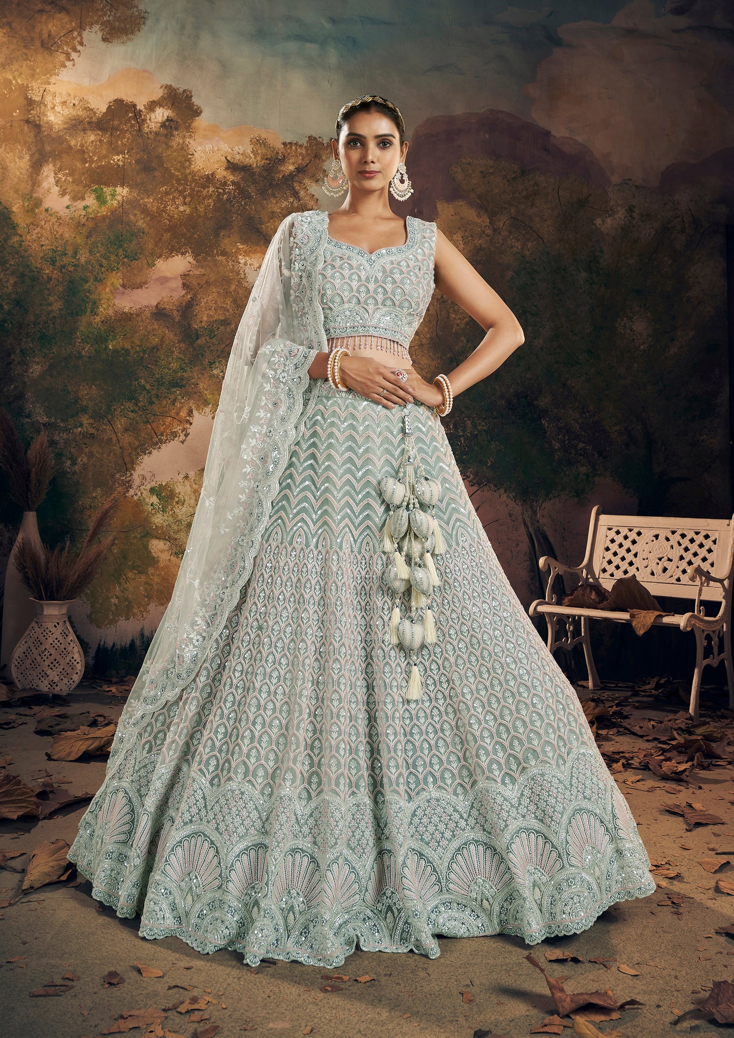 Blue Beads Work Georgette Bridesmaid Lehenga