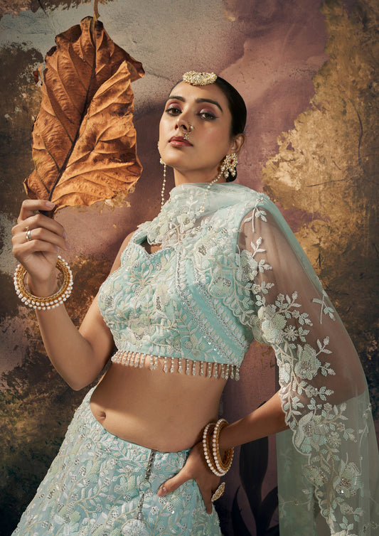 Sky Blue Beads Work Georgette Lehenga
