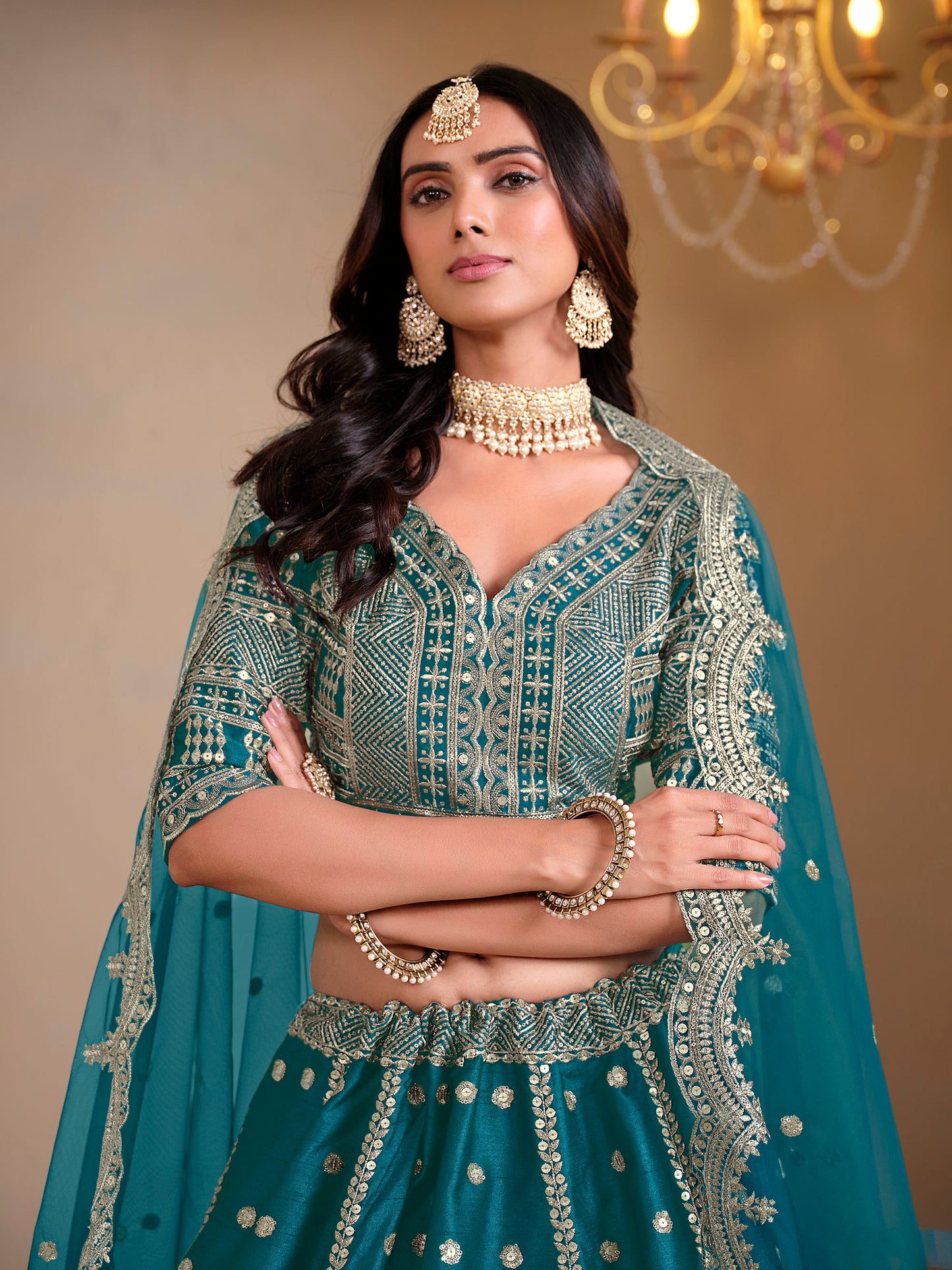 Rama Green Cutwork Embroidered Art Silk Lehenga