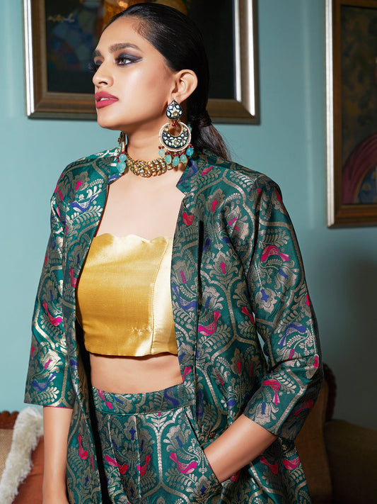 Green Jacquard Banarasi Brocade Straight Jacket With Pant