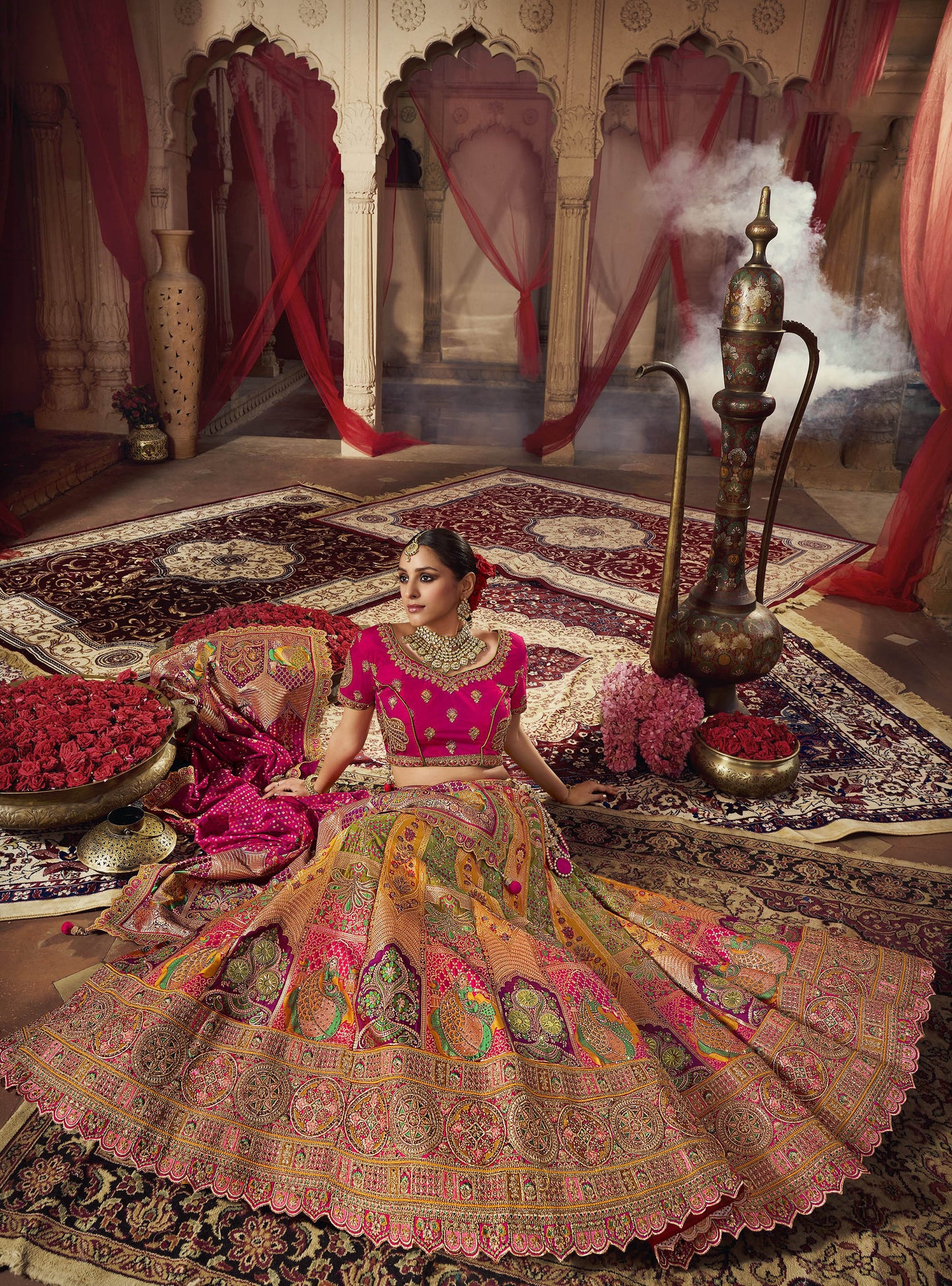 Multi Color Banarasi Silk Sequins Work Bridal Lehenga