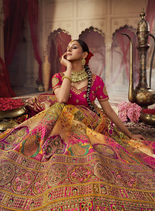 Multi Color Banarasi Silk Sequins Work Bridal Lehenga