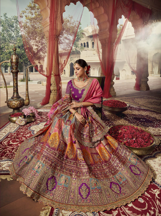 Purple and Yellow Sequins Work Banarasi Silk Bridal Lehenga