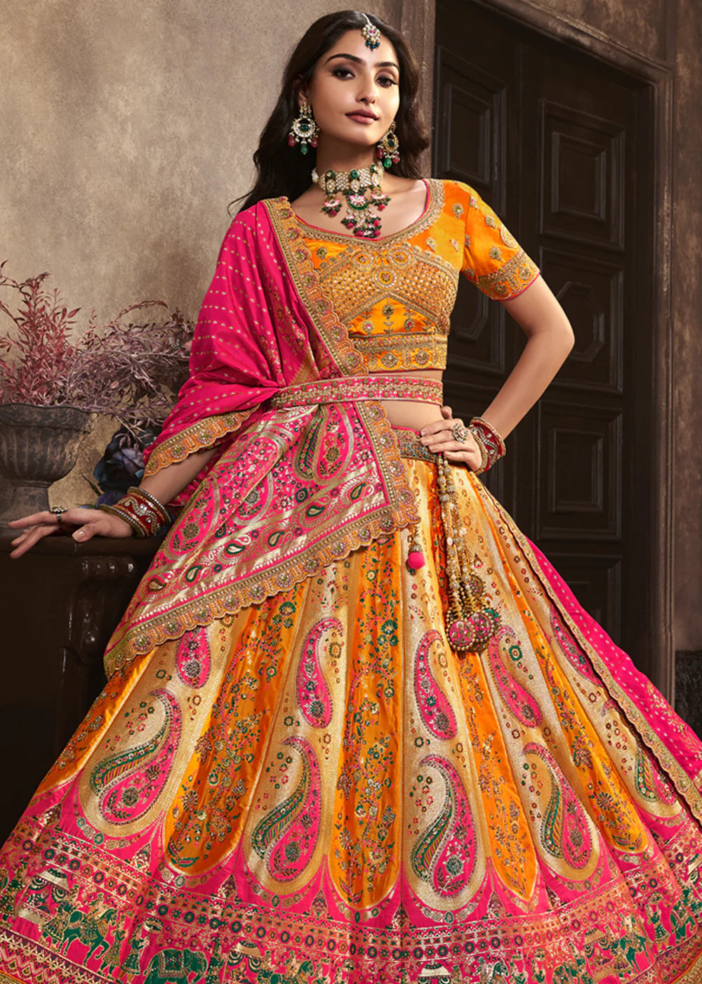 Yellow, Pink Banarasi Silk Sequence Embroidered Royal Bridal Lehenga