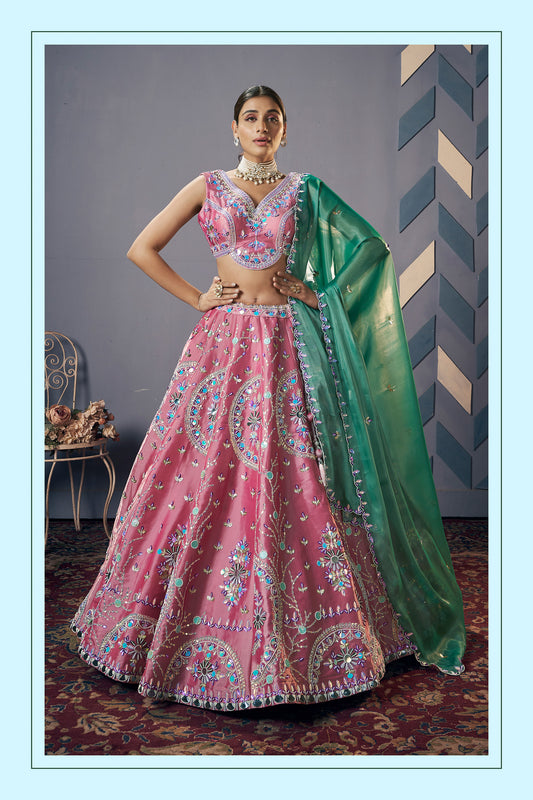 Pink Jimichoo Hand Embroidery Engagement Lehenga