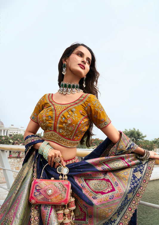 Blue Banarasi Silk Zarkan Embroidered Umbrella Royal Bridal Lehenga