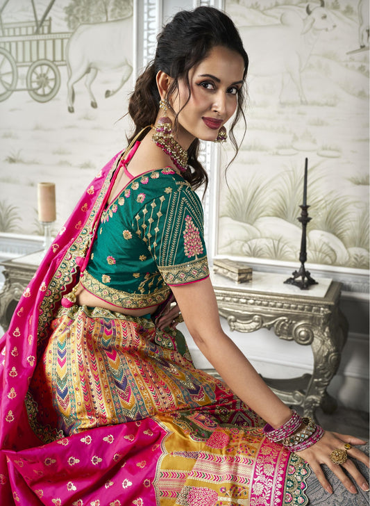 Pink and Green Zarkan Embroidered Banarasi Silk Bridal Lehenga