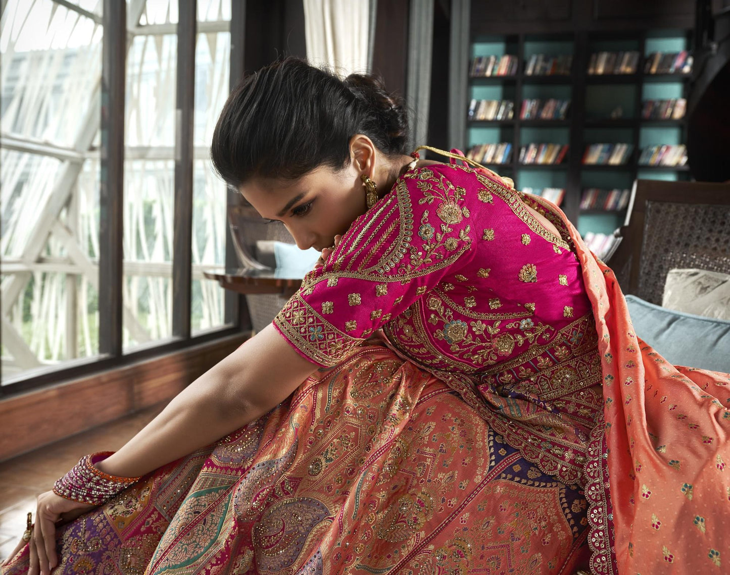 Multi Color Banarasi Silk Zarkan Embroidered Bridal Lehenga