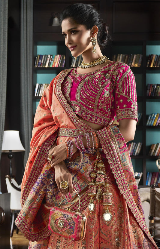 Multi Color Banarasi Silk Zarkan Embroidered Bridal Lehenga
