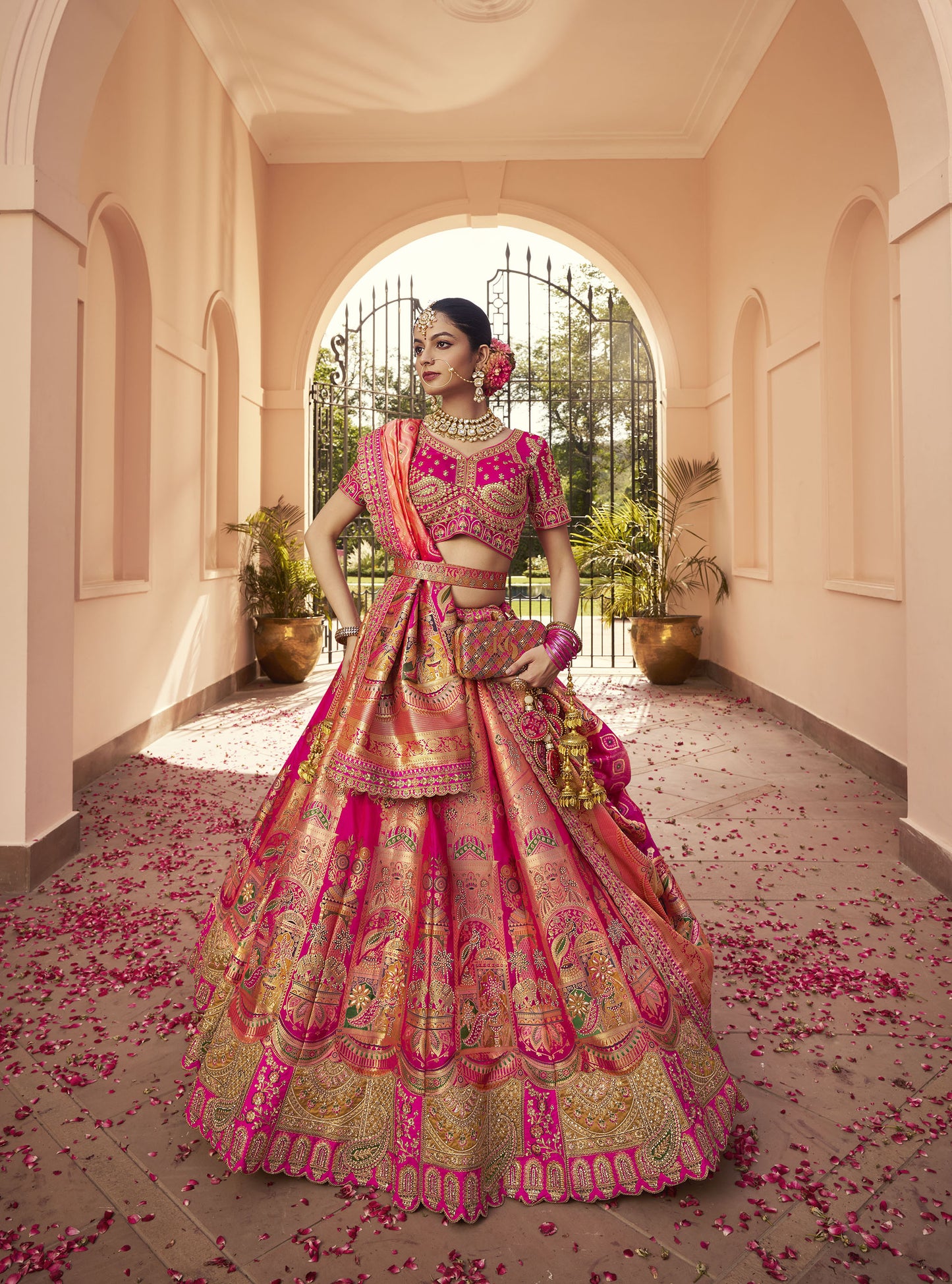 Dark Pink Zari Embroidered Banarasi Silk Bridal Lehenga