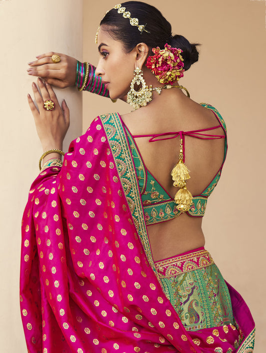 Green & Pink Zari Embroidered Banarasi Silk Bridal Lehenga