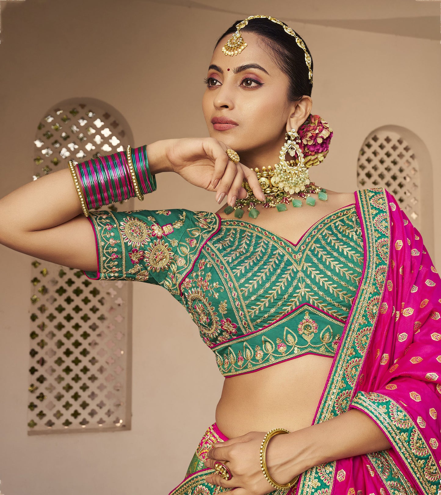 Green & Pink Zari Embroidered Banarasi Silk Bridal Lehenga