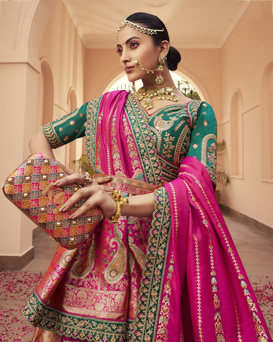 Pink & Green Zari Embroidered Banarasi Silk Bridal Lehenga