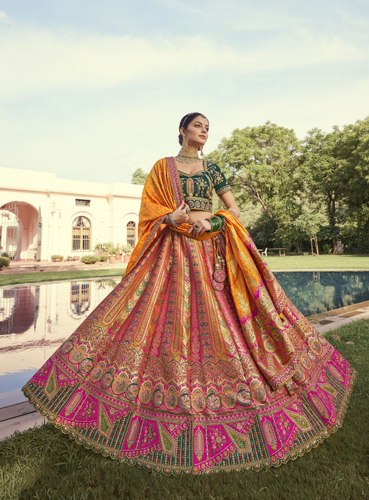 Orange & Green Zari Embroidered Banarasi Silk Bridal Lehenga