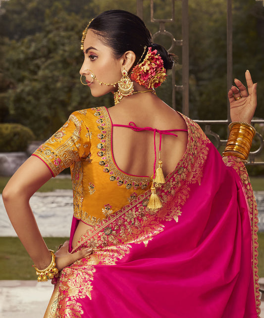 Pink & Orange Zari Weaving Banarasi Silk Bridal Lehenga