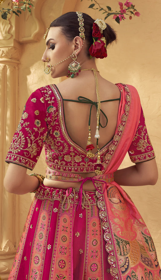 Pink & Peach Banarasi Silk Zarkan & Cutwork Embroidery Bridal Lehenga