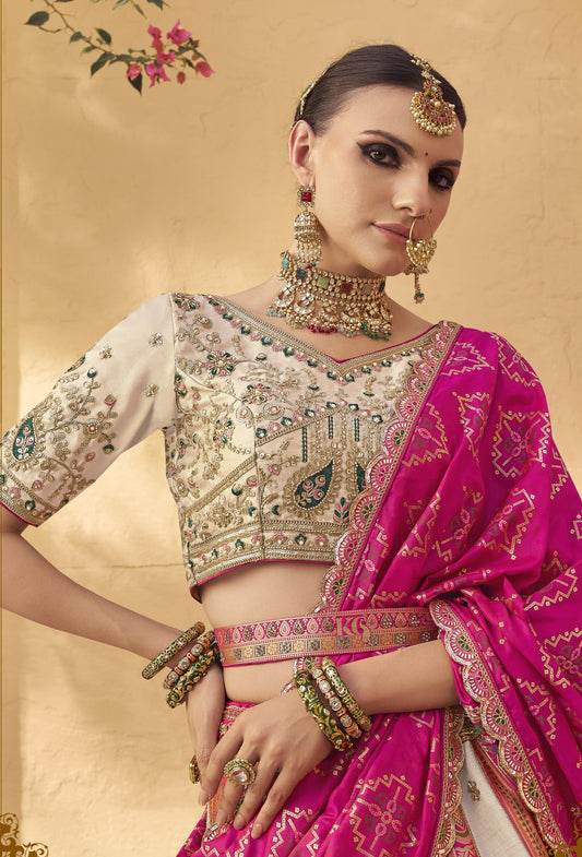 White & Pink Banarasi Silk Zarkan & Cutwork Embroidery Bridal Lehenga