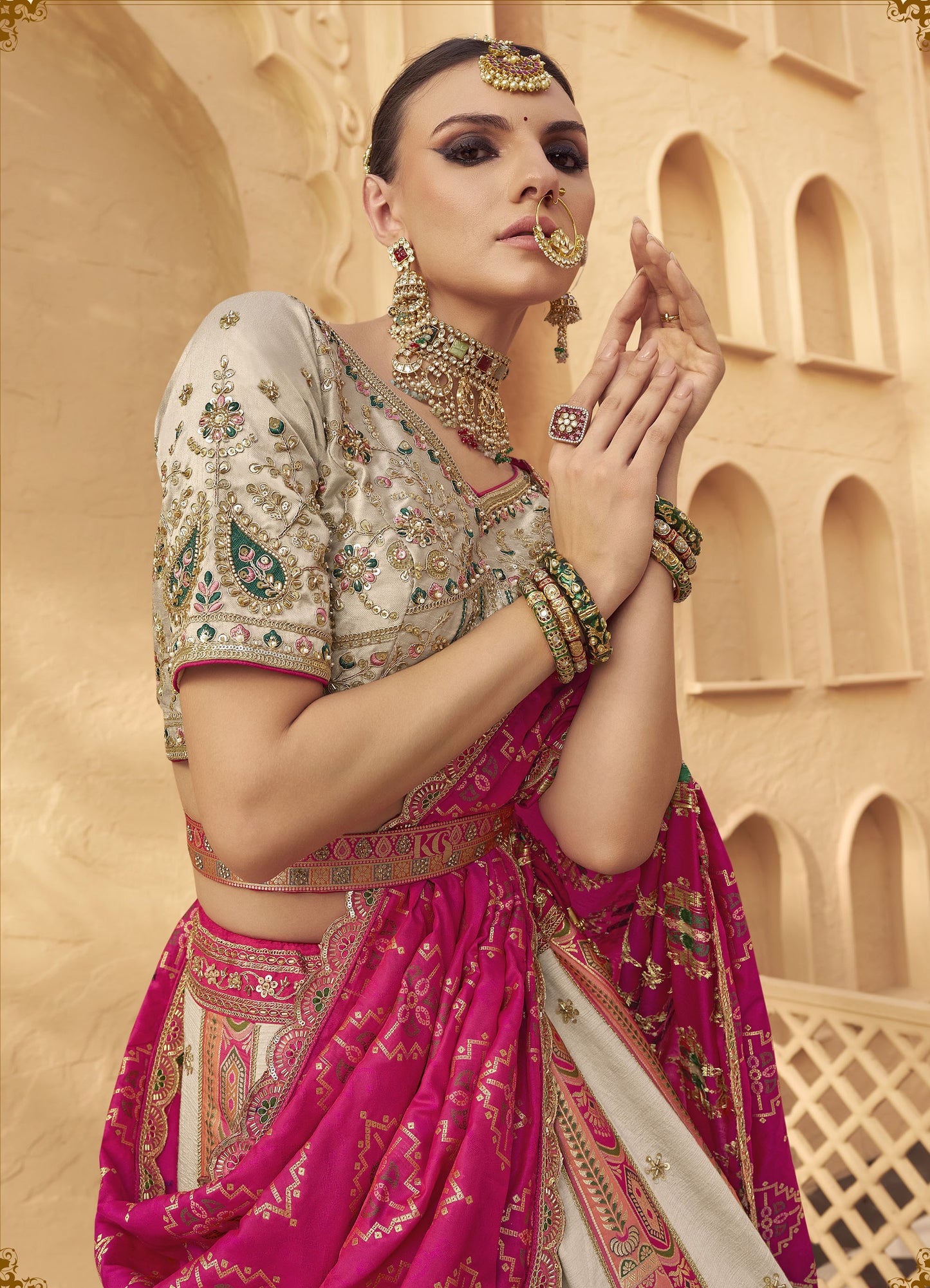 White & Pink Banarasi Silk Zarkan & Cutwork Embroidery Bridal Lehenga