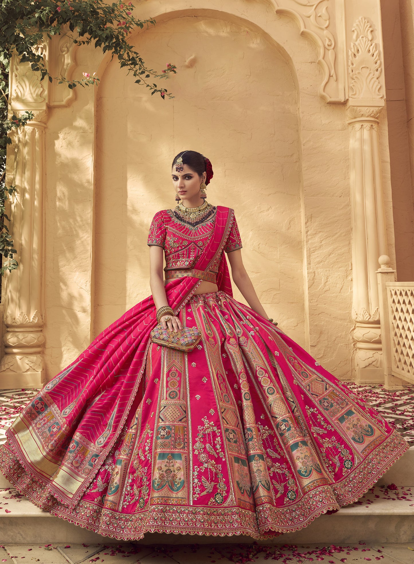 Dark Pink Banarasi Silk Zarkan & Cutwork Embroidery Bridal Lehenga