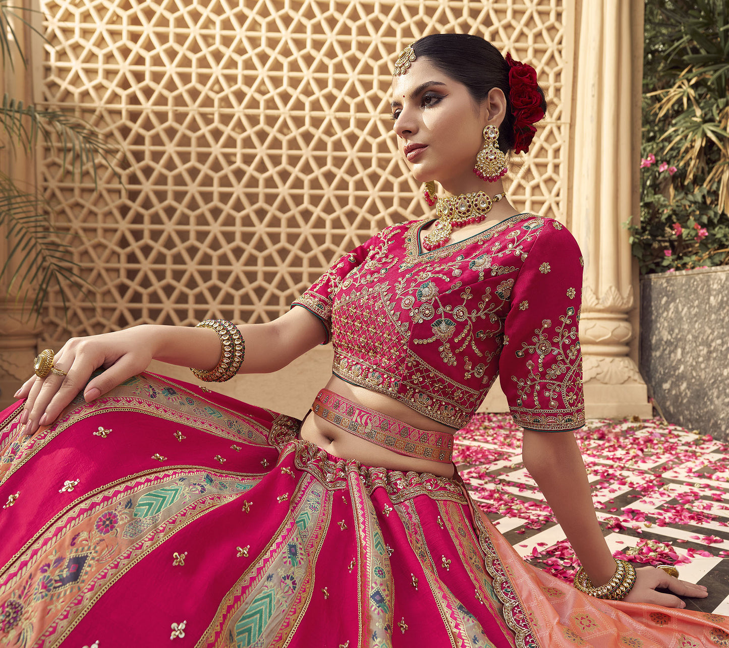 Multi Color Banarasi Silk Zarkan & Cutwork Embroidery Bridal Lehenga