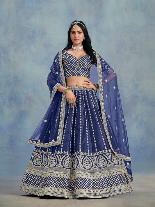 Navy Blue Art Silk Heavy Sequins Embroidered Reception Lehenga