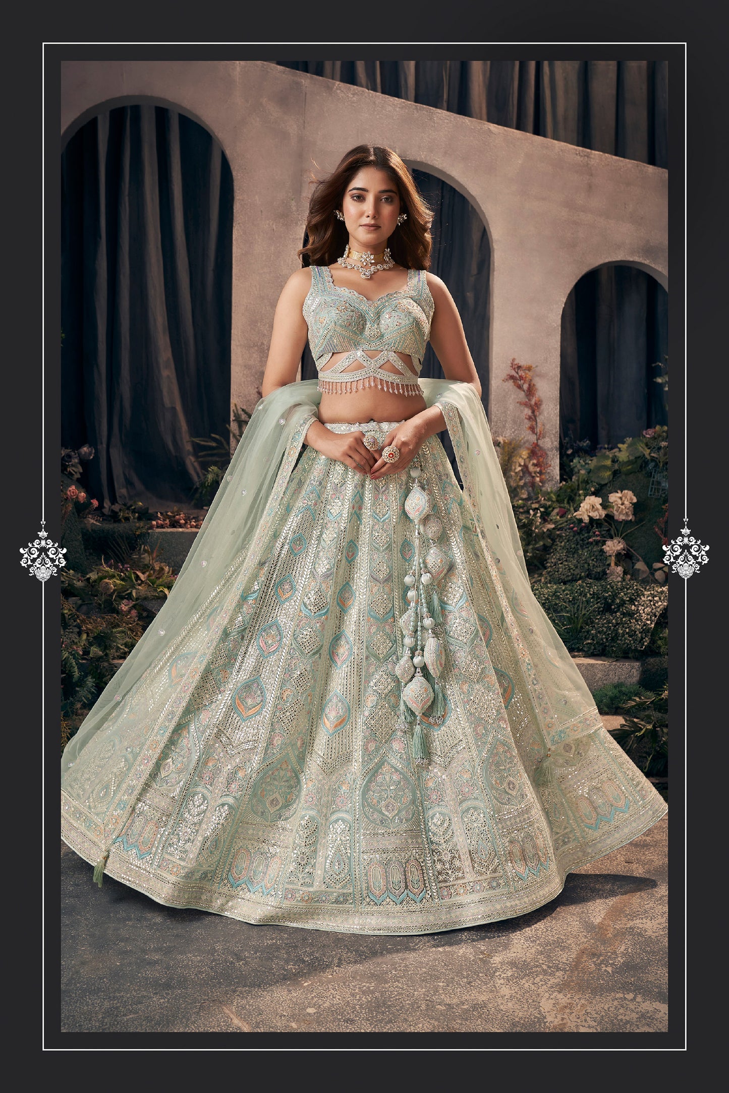 Sea Green Heavy Gota Patti Embroidery & Hand Work Net Sangeet Lehenga