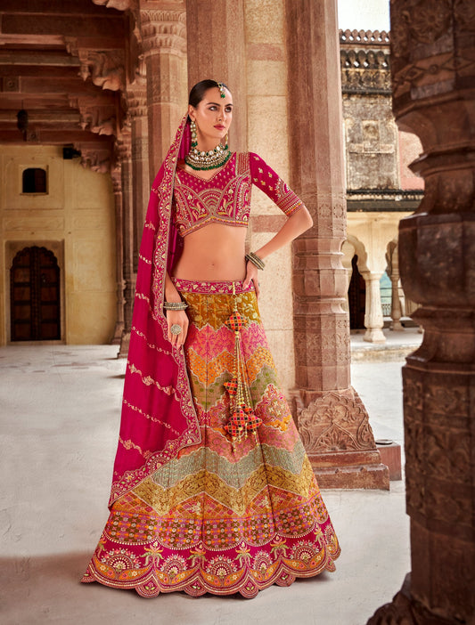 Multicolor Sequence and Zarkan Embroidered Banarasi Silk Bridal Lehenga