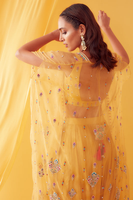 Yellow Organza Cape Jacket Lehenga Set - Aarambh