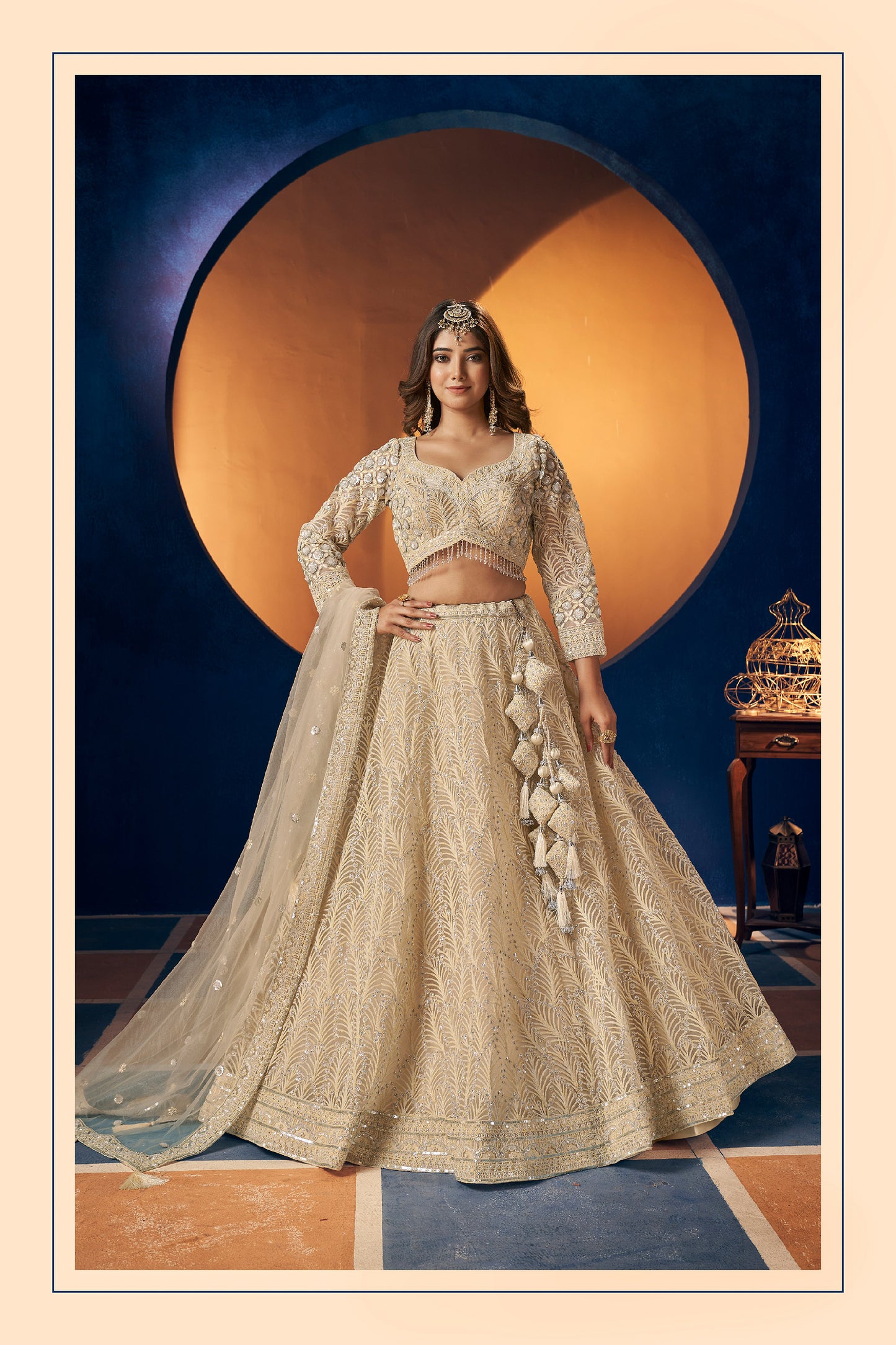 Cream Heavy Hand & Sequins Embroidery Net Engagement Lehenga